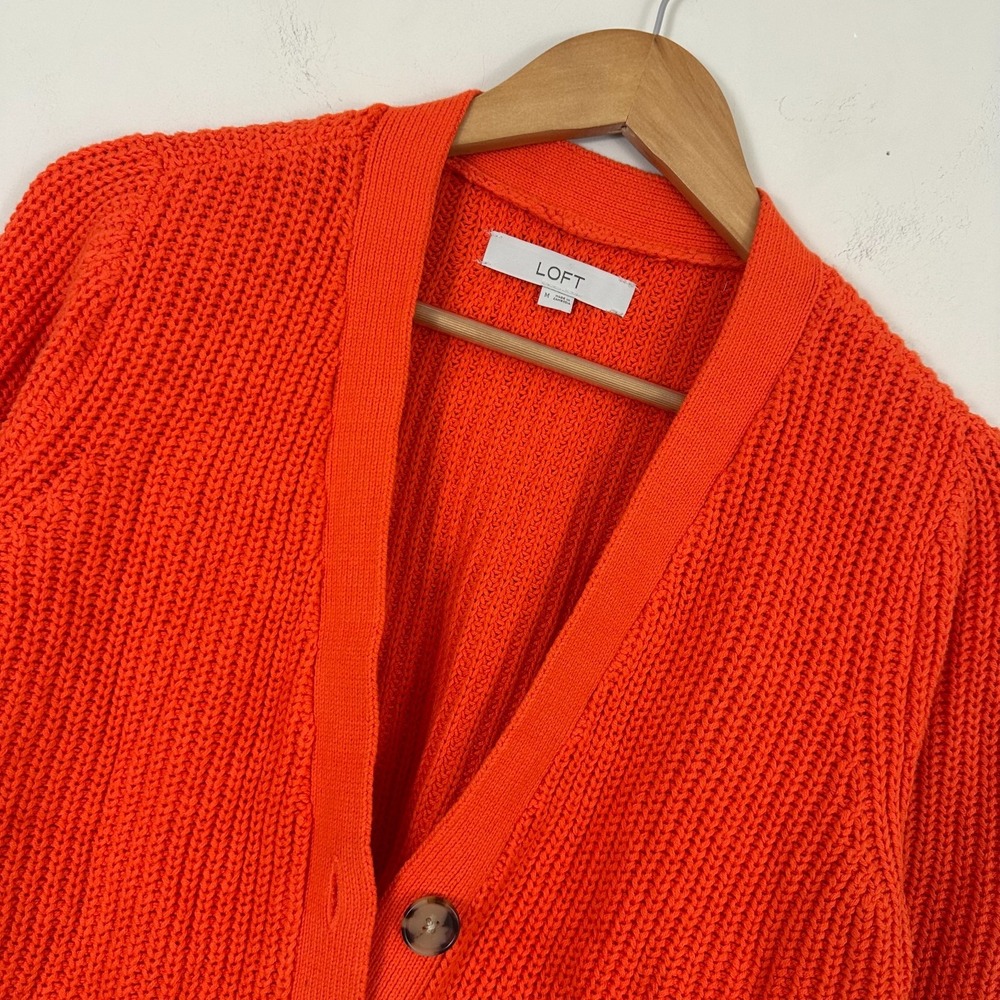 LOFT Cable Knit Cardigan Sweater Orange Cotton Button Front V-Neck Womens Medium
